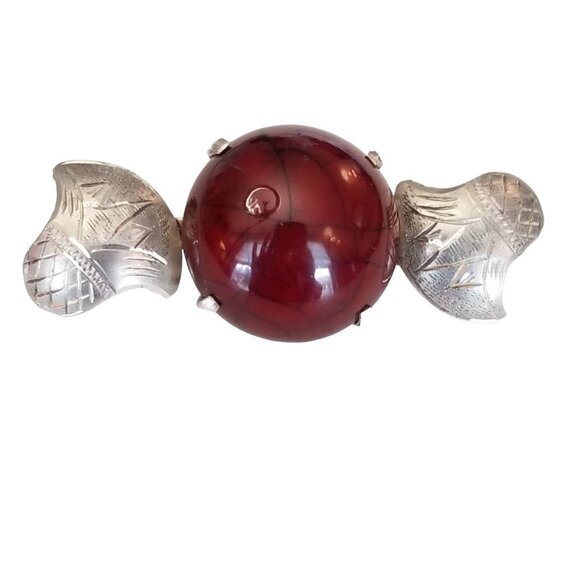 Egypt 800 Silver Lily Flowers, Red Round Cab Center, C-Clasp Brooch Pin, M640
